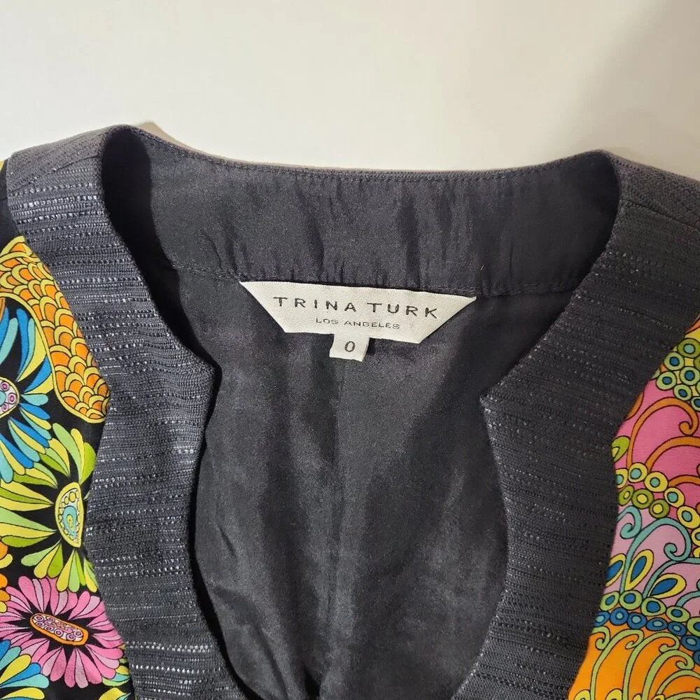 Trina Turk Silk Mini Dress Retro colorful print Bell Sleeve size 0 - Picture 5 of 11